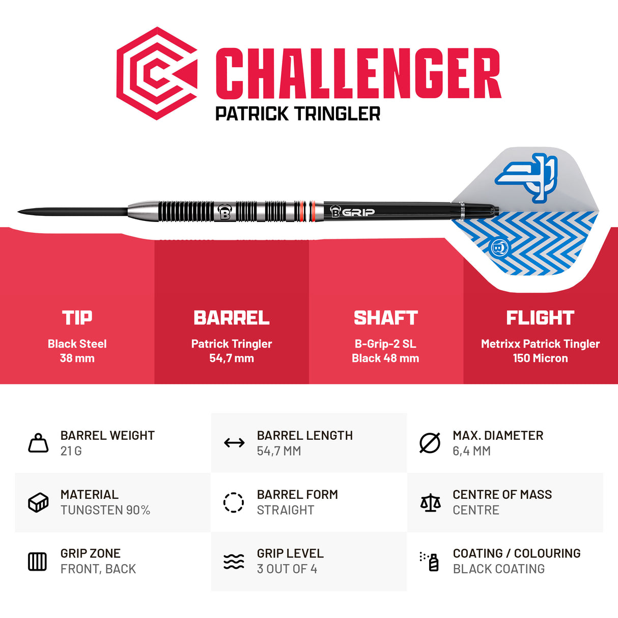 BULL'S Patrick Tringler Darts - Stahlspitze - 90% Tungsten