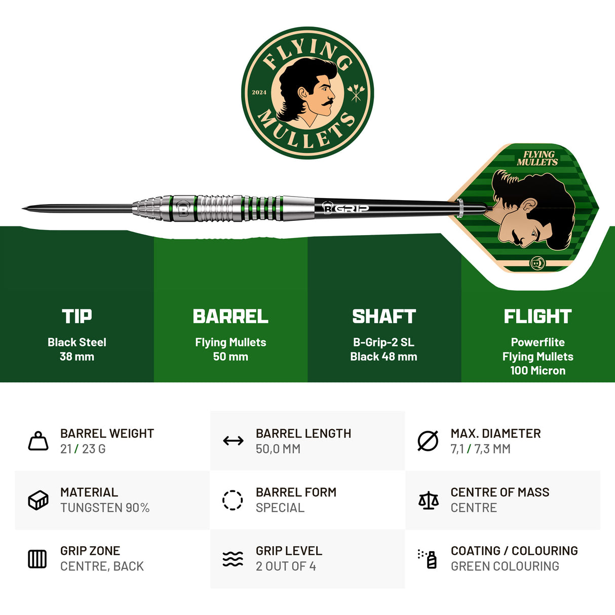 BULL'S Flying Mullet Darts - Stahlspitze - 90% Tungsten