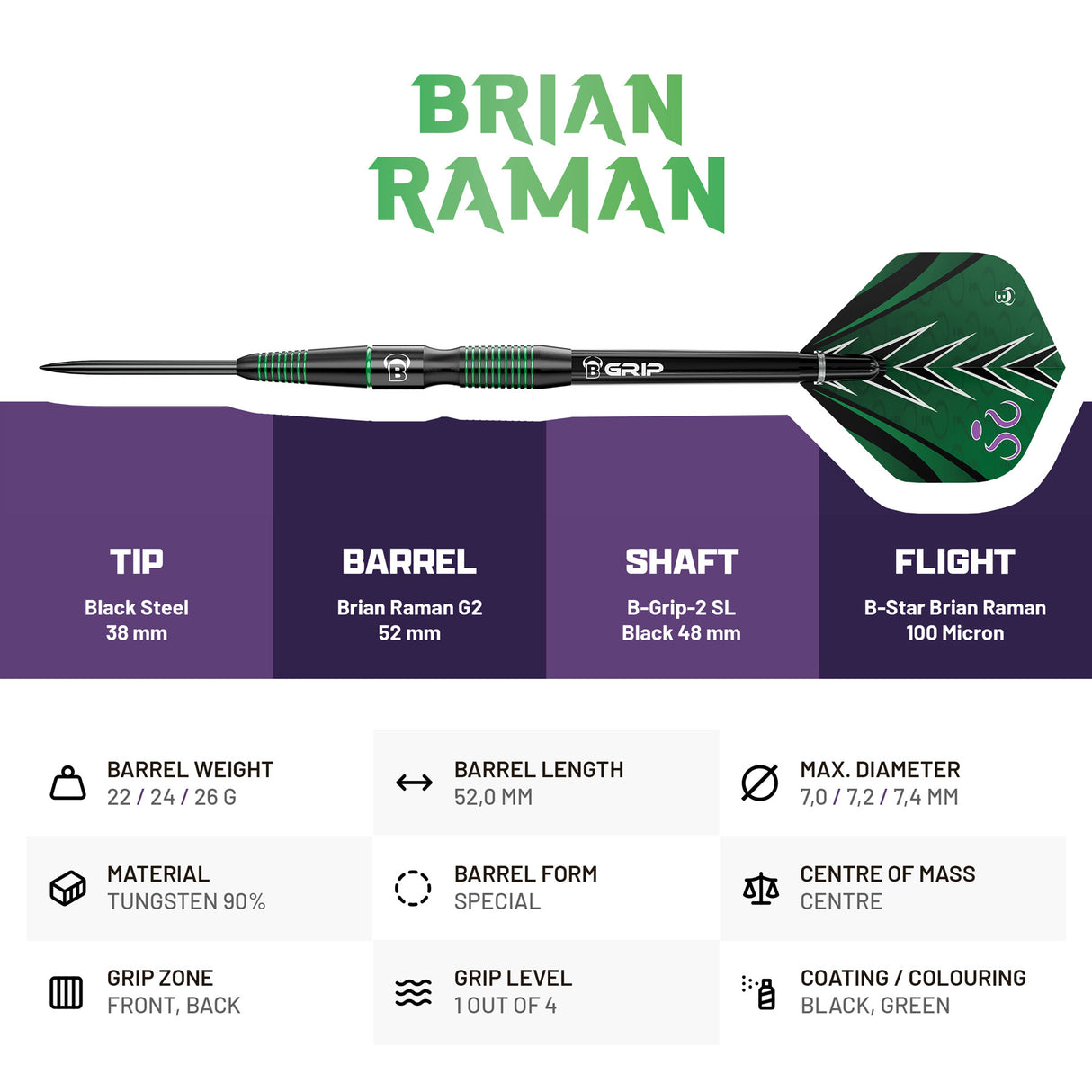BULL'S Brian Raman Darts - Stahlspitze - 90% Tungsten - G2