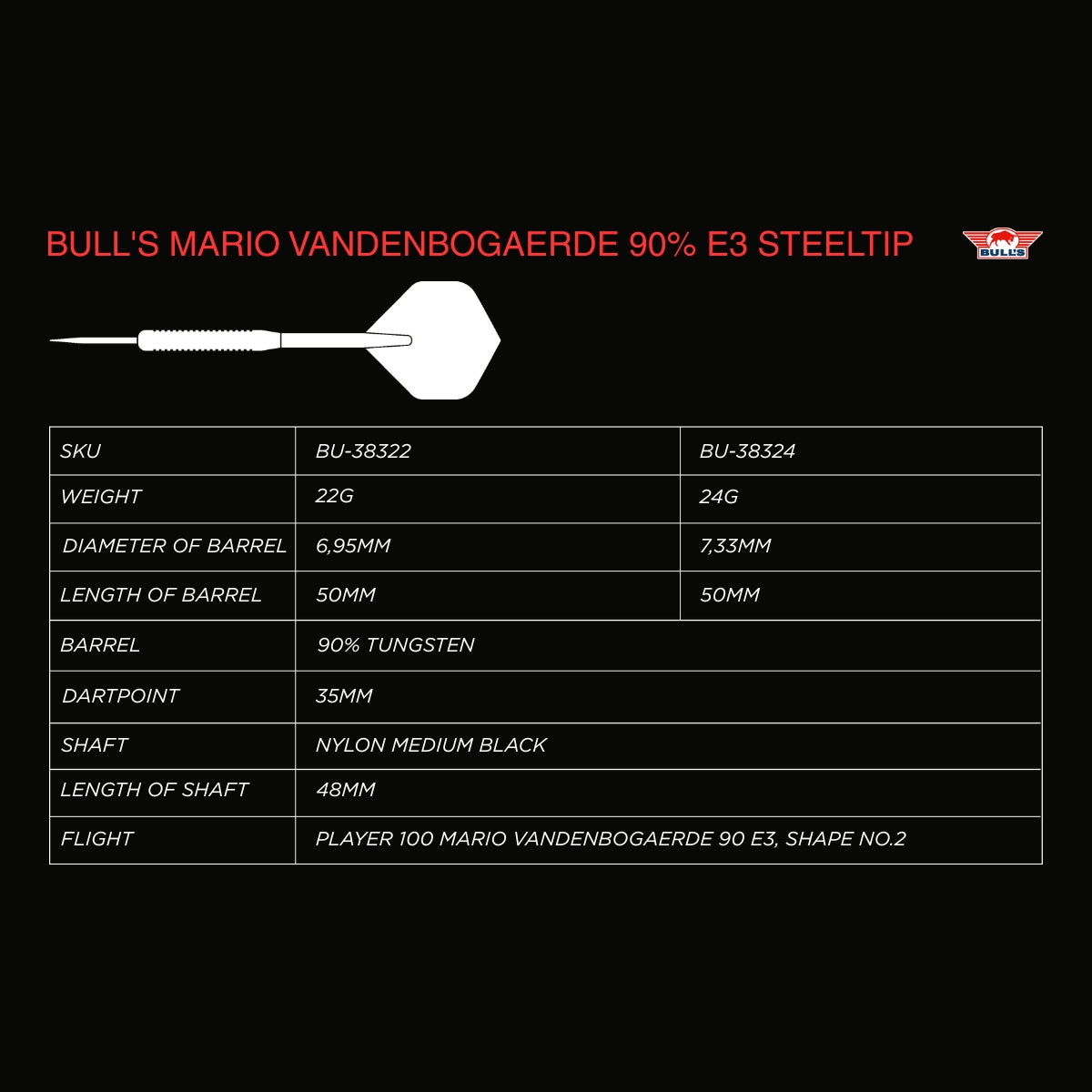 Bulls Mario Vandenbogaerde Darts - Stahlspitze - 90% Tungsten - E3