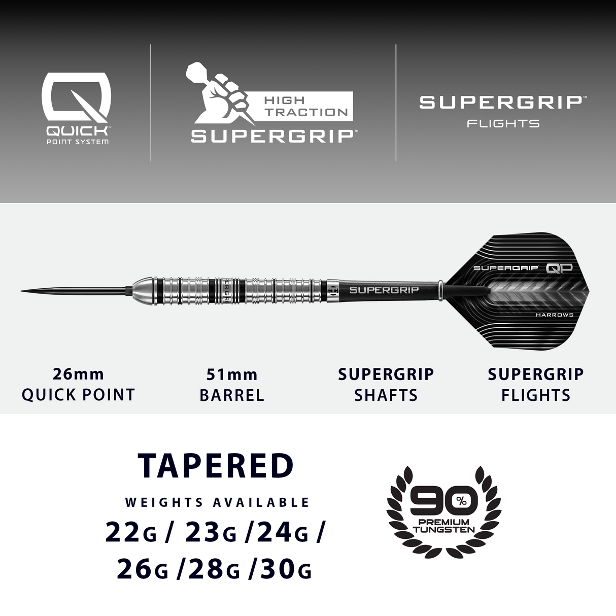 Harrows Supergrip QP Darts - Stahlspitze - 90% Tungsten