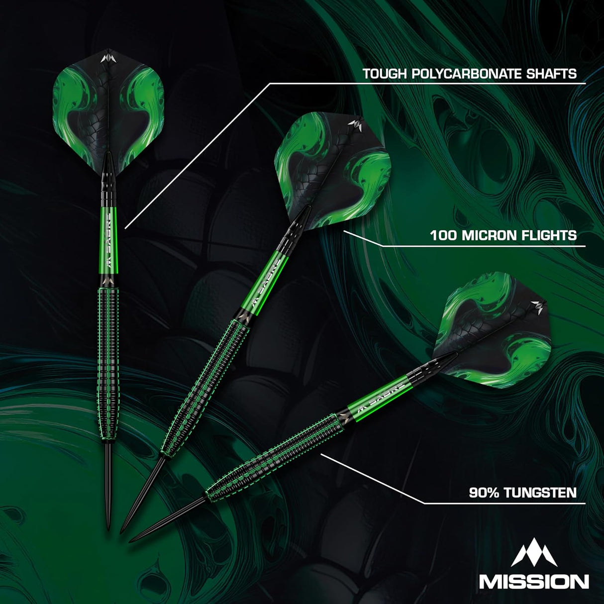 Mission Venom Darts - Steel Tip - 90% Tungsten - Black & Green Electro