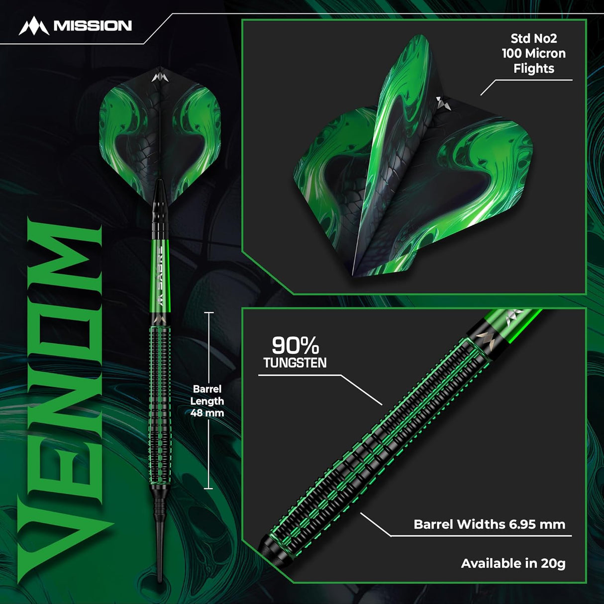 Mission Venom Darts - Steel Tip - 90% Tungsten - Black & Green Electro