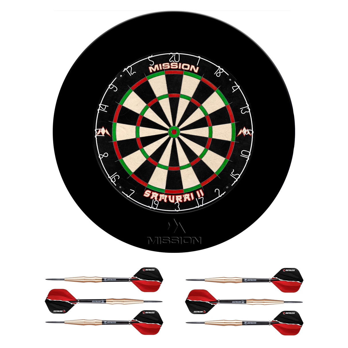Mission Samurai II Dartboard-Set – Dartscheibe, Surround und 2 Sets Messingpfeile – Schwarz