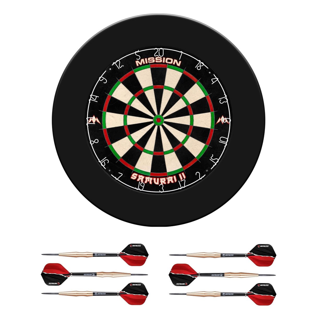 Mission Samurai II Dartboard Set - Dart Board, Surround & 2 sets of Brass Darts - Black