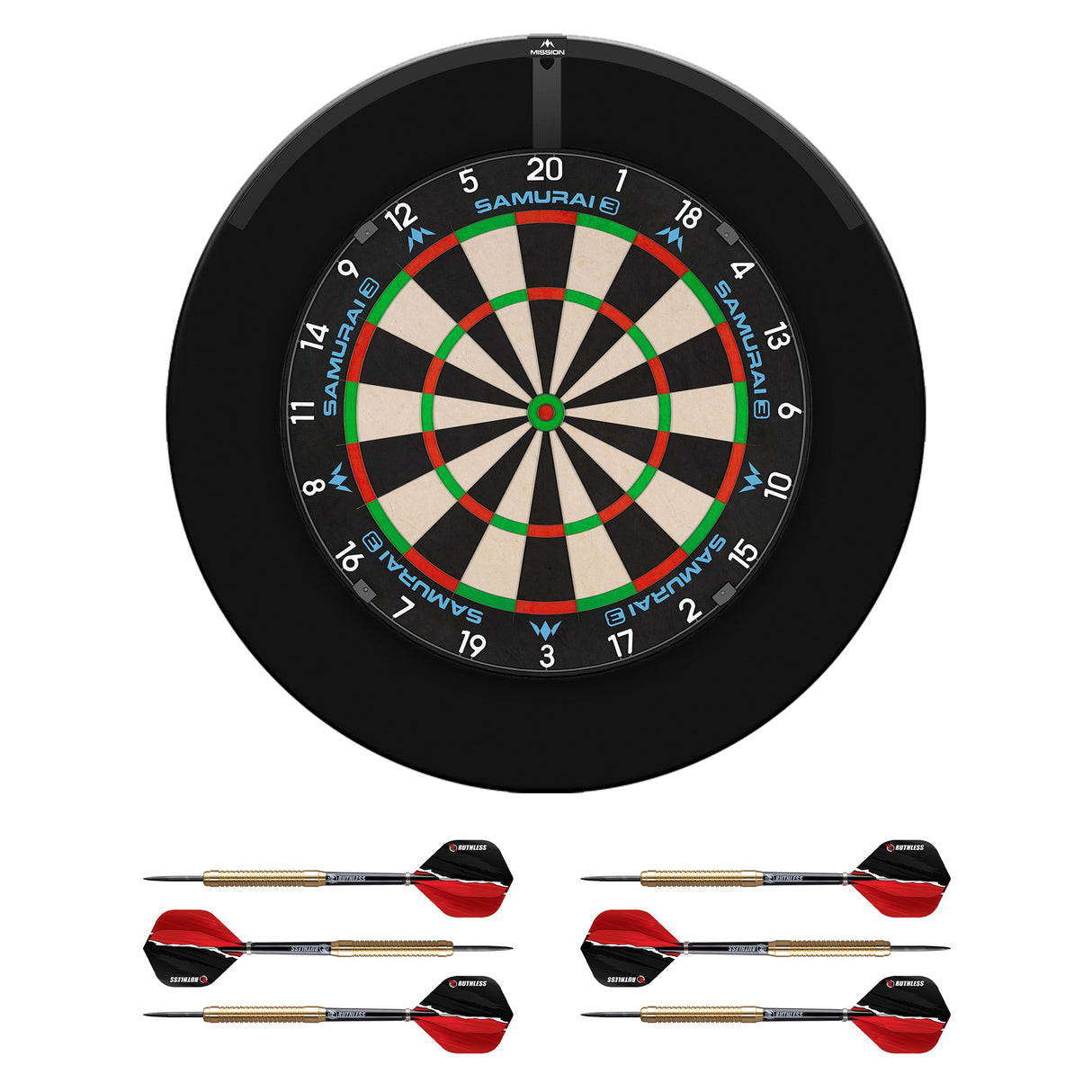 Mission Samurai 3 Dartboard Set - Dartboard, Schwarzer Surround, Torus 120 Licht & 2 Sets Messing Darts