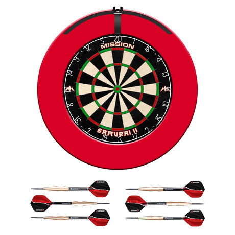 Mission Samurai II Dartboard Set - Dart Board, Surround, Torus 100 Light & 2 sets of Brass Darts - Red