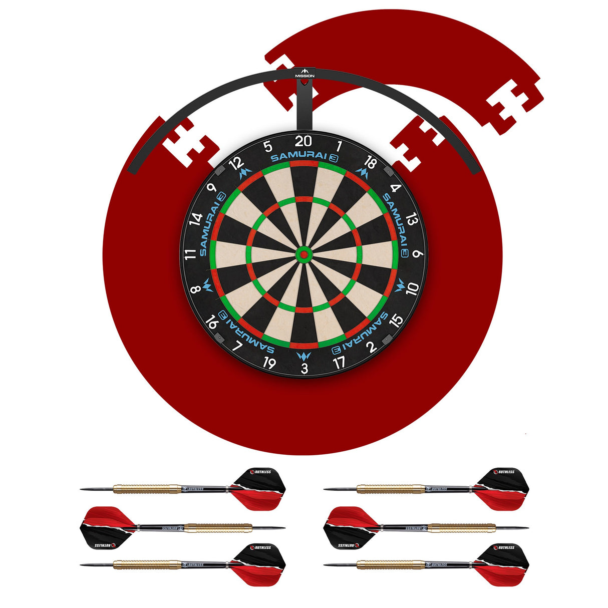 Mission Samurai 3 Dartboard Set - Dartboard, Roter Puzzle-Rahmen, Torus 120 Licht & 2 Sets Messing-Darts