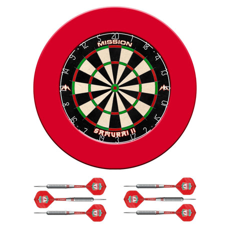 Mission Samurai II x Liverpool Dartboard Set - Dart Board, Surround & 2 sets of Brass Darts - Red