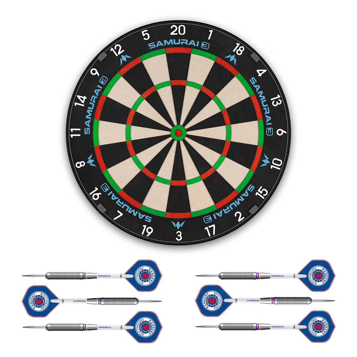 Mission Samurai 3 x Rangers Dartboard Set - Dartboard & 2 Sets aus Messing-Darts