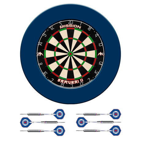 Mission Samurai II x Rangers Dartboard Set - Dart Board, Surround & 2 sets of Brass Darts - Blue