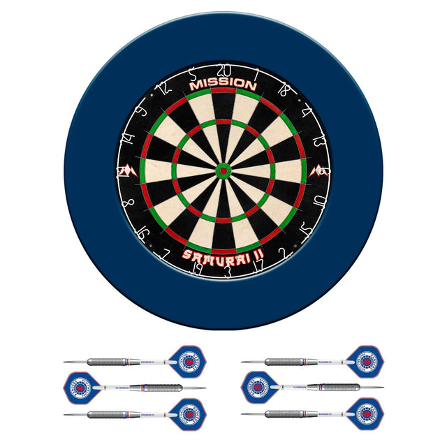 Mission Samurai II x Rangers Dartboard Set - Dart Board, Surround & 2 sets of Brass Darts - Blue