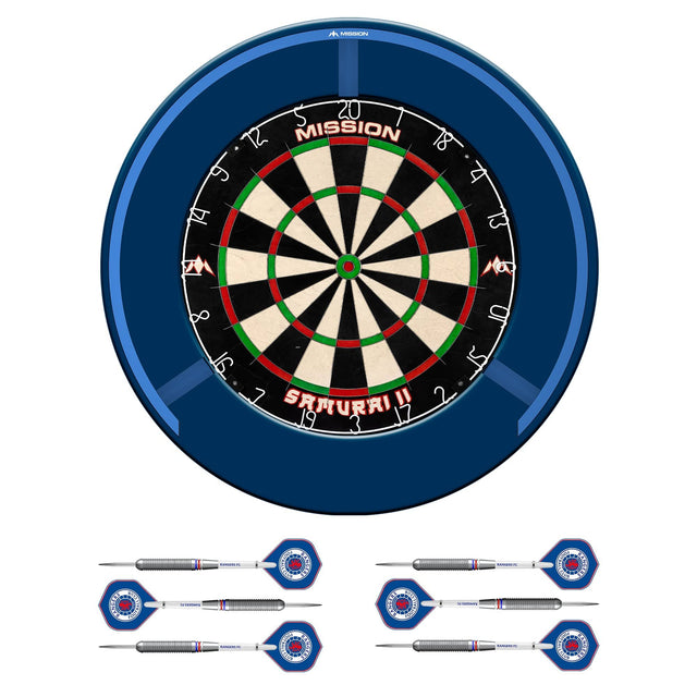 Mission Samurai II x Rangers Dartboard Set - Dart Board, Surround, Torus 270 Light & 2 sets of Brass Darts - Blue
