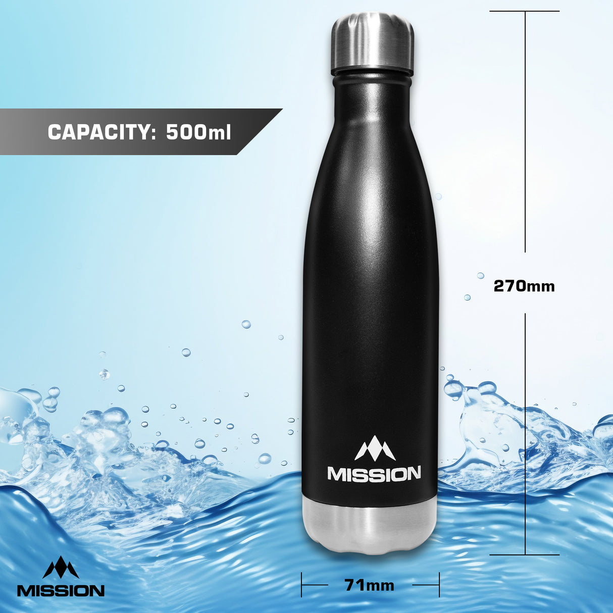 Mission Wasserflasche - Edelstahl - 500ml - Schwarz