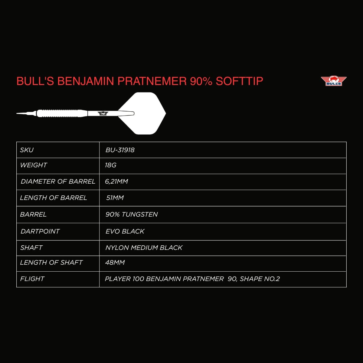 Bulls Benjamin Pratnemer Darts - Soft Tip - 90% Tungsten - 18g