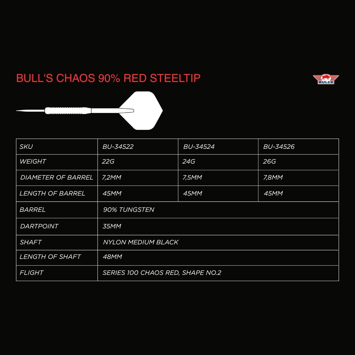 Bulls Chaos Darts - Stahlspitze - 90% Tungsten - Rot