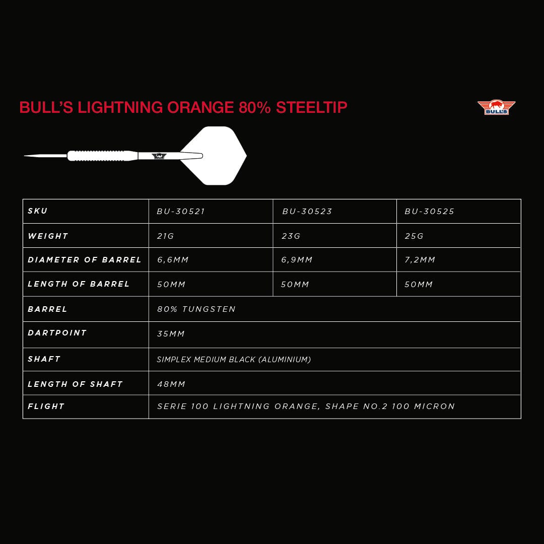 Bulls Lightning Orange Darts – Stahlspitze – 80 % Wolfram