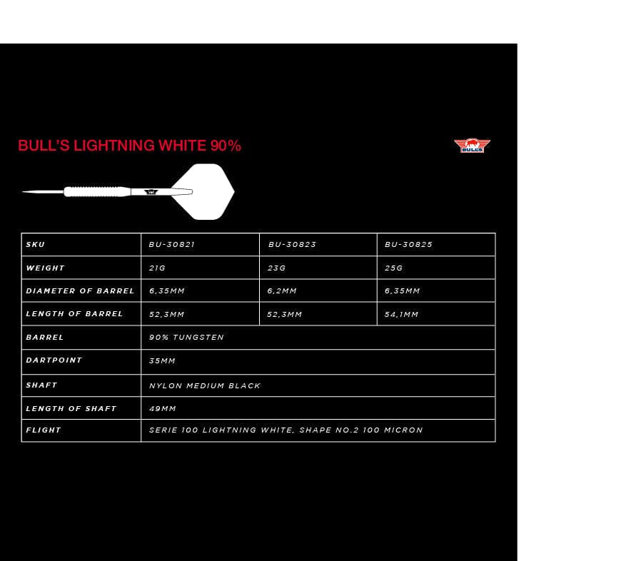 Bulls White Lightning Darts – Stahlspitze – 90 % Wolfram