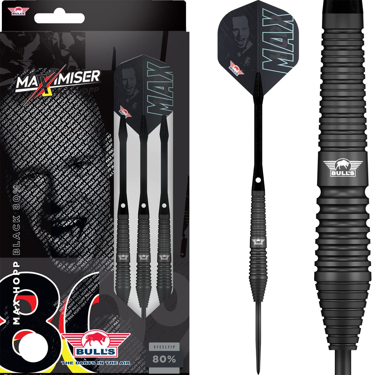 Bulls Max Hopp Darts - Stahlspitze - 80% Tungsten - Schwarz