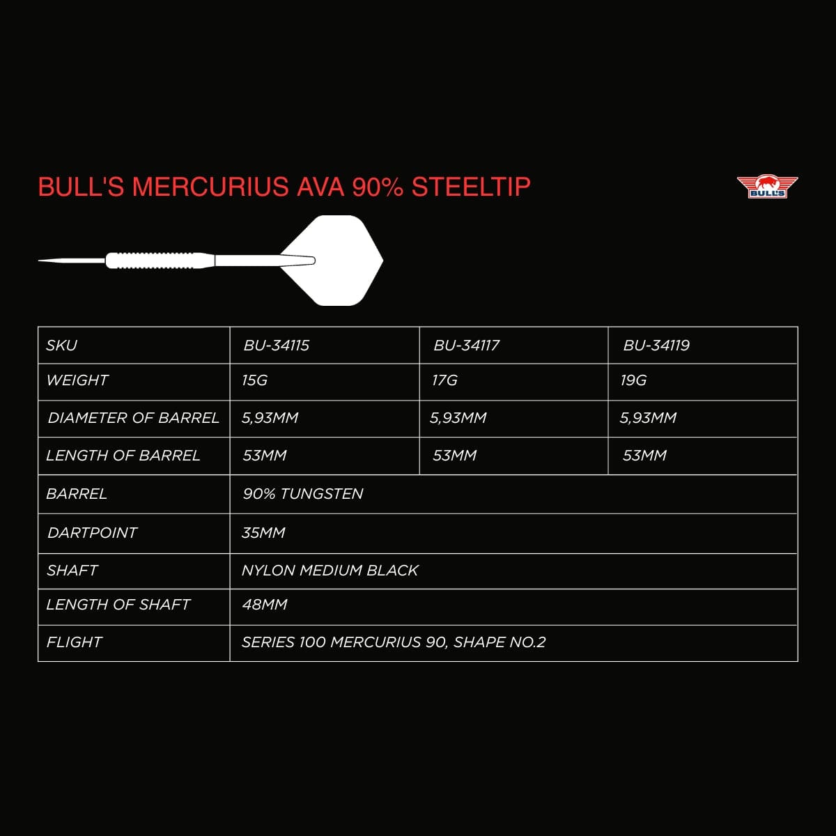 Bulls Mercurius Darts - Stahlspitze - 90% Tungsten - Ava
