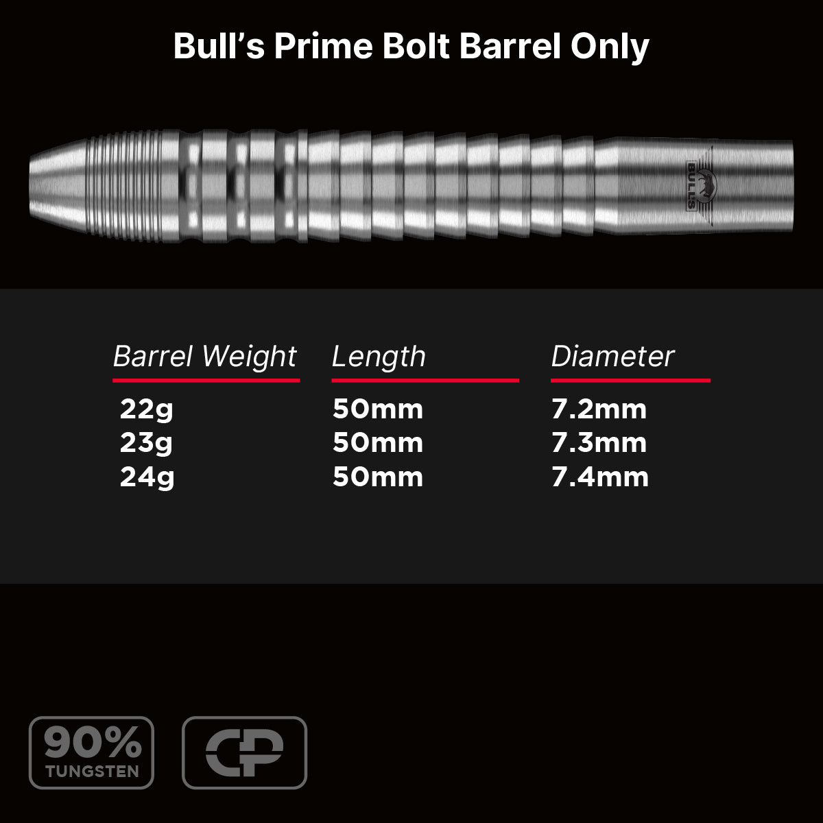 Bulls Prime CP Darts - Stahlspitze - 90% Tungsten - Nur Barrel - Bolt