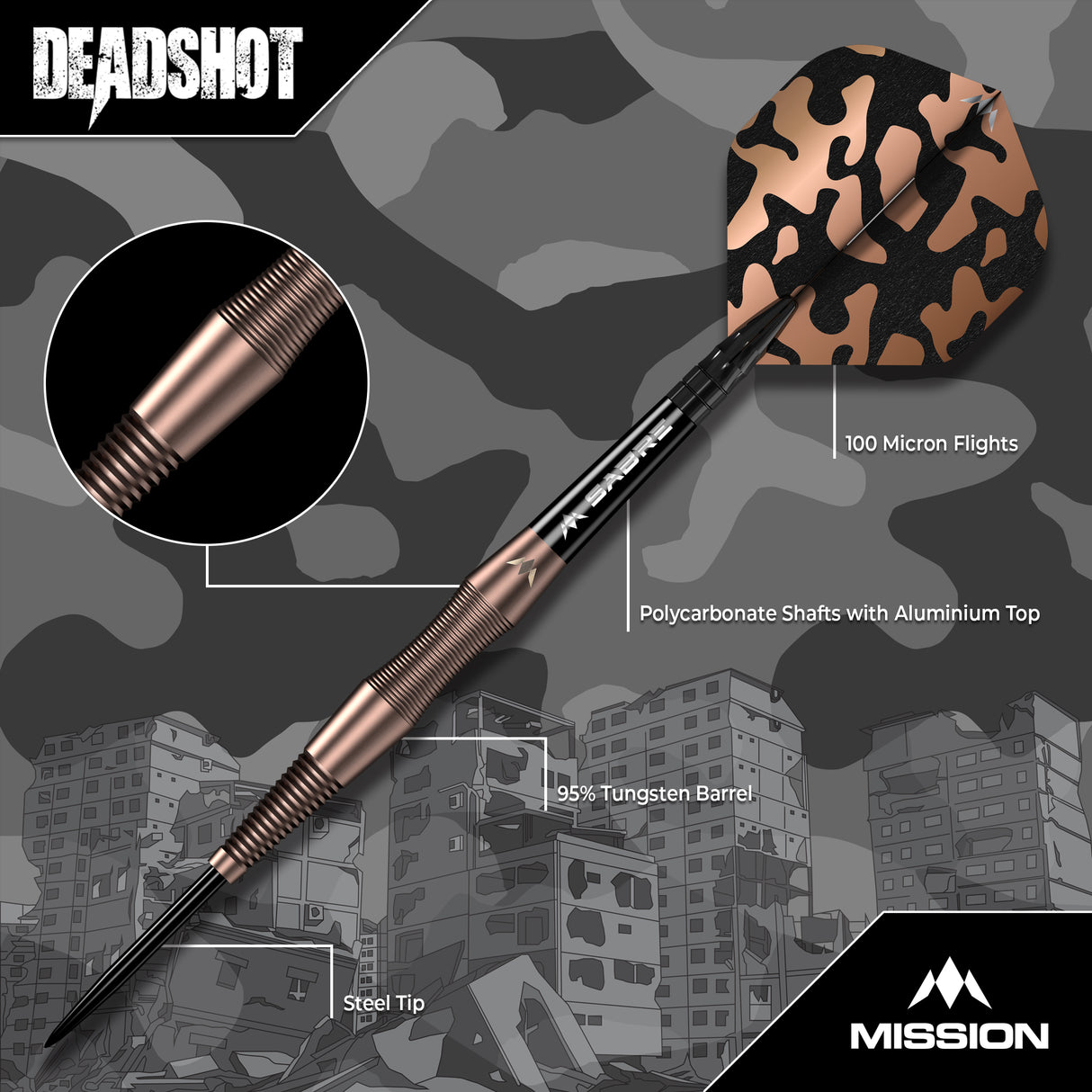 Mission Dead Shot Darts - Stahlspitze - 95% Tungsten - Bronze