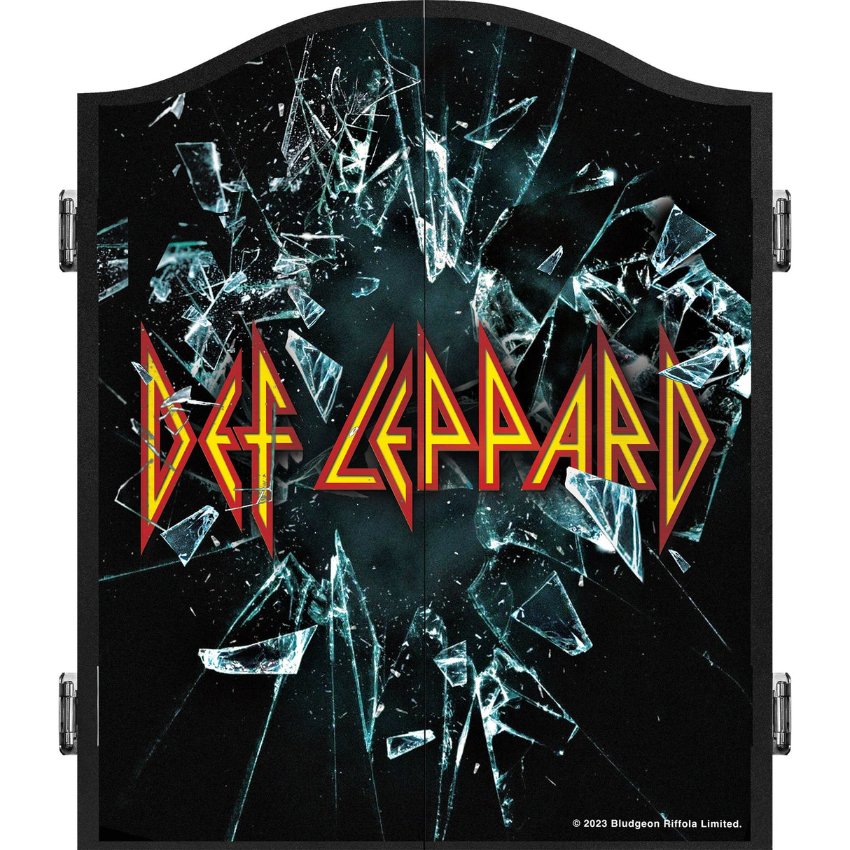 Def Leppard Dartboard-Schrank – offiziell lizenziert – C1 – Premium-Schwarz – zerbrochenes Glas