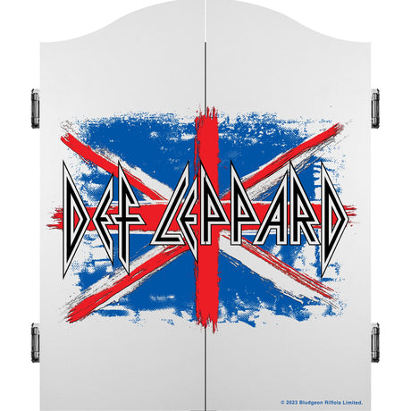 Def Leppard Dartboard Cabinet - Official Licensed - C2 - Premium White - Union Jack