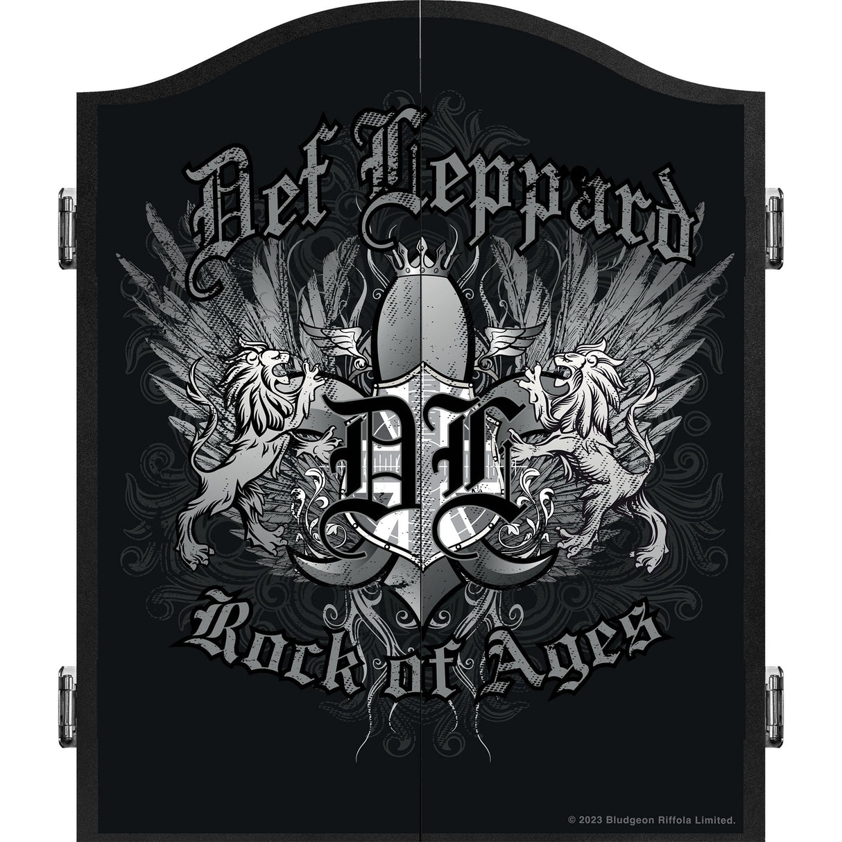 Def Leppard Dartboard-Schrank – Offiziell lizenziert – C7 – Premium Schwarz – Rock of Ages