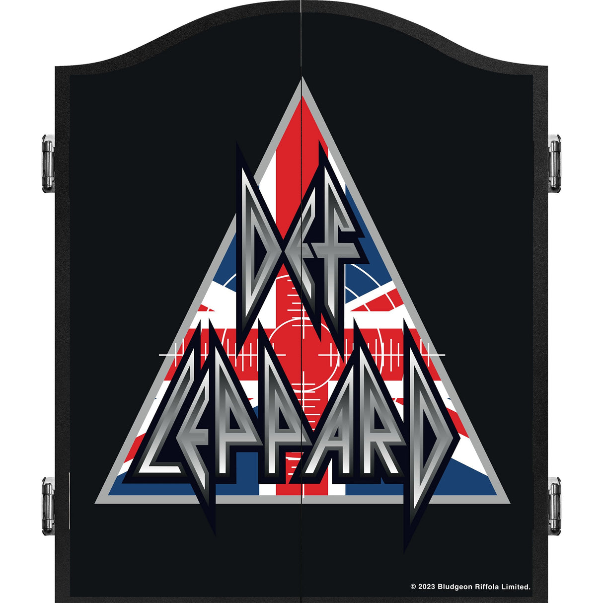 Def Leppard Dartboard-Schrank – offiziell lizenziert – C9 – Premium-Schwarz – Union Jack-Dreieck