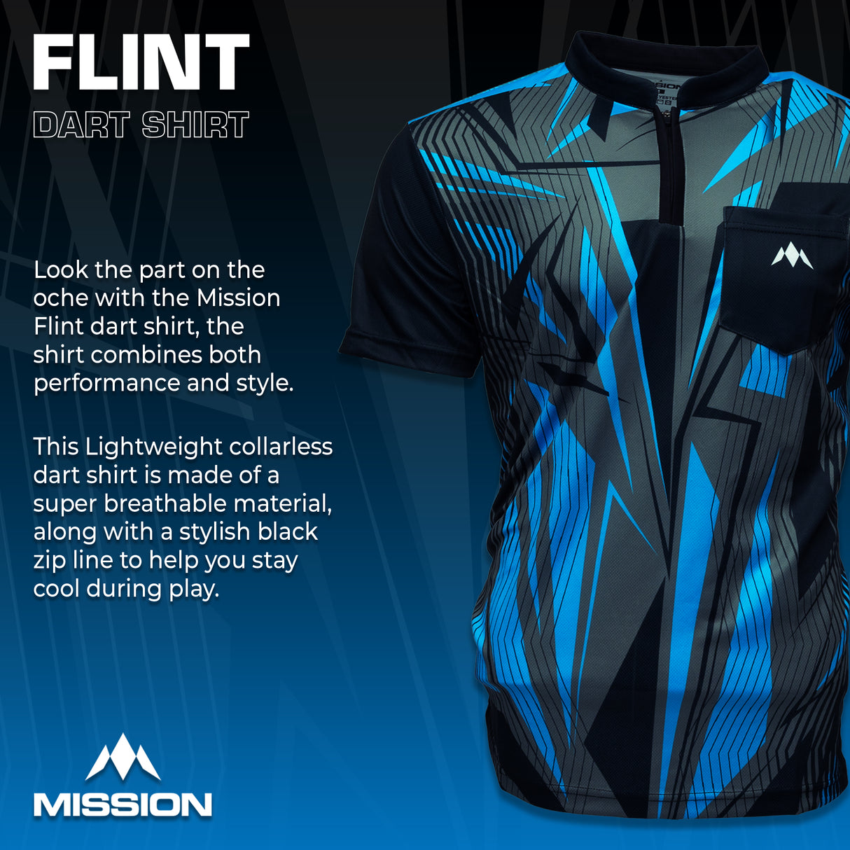 Mission Darts Flint Dart Shirt – Kragenlos – Leicht – Schwarz & Blau – Jugendliche