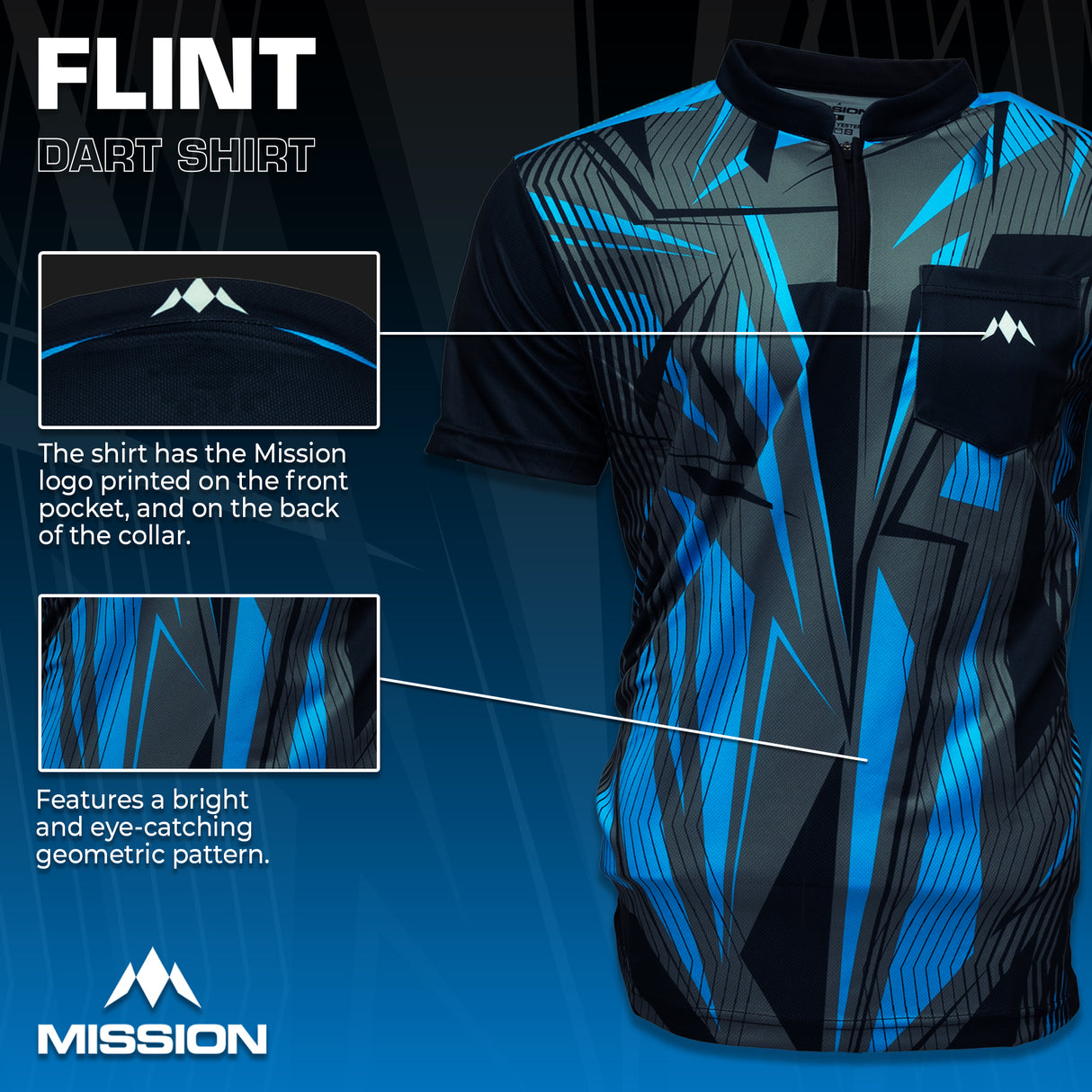 Mission Darts Flint Dart Shirt – Kragenlos – Leicht – Schwarz & Blau – Jugendliche