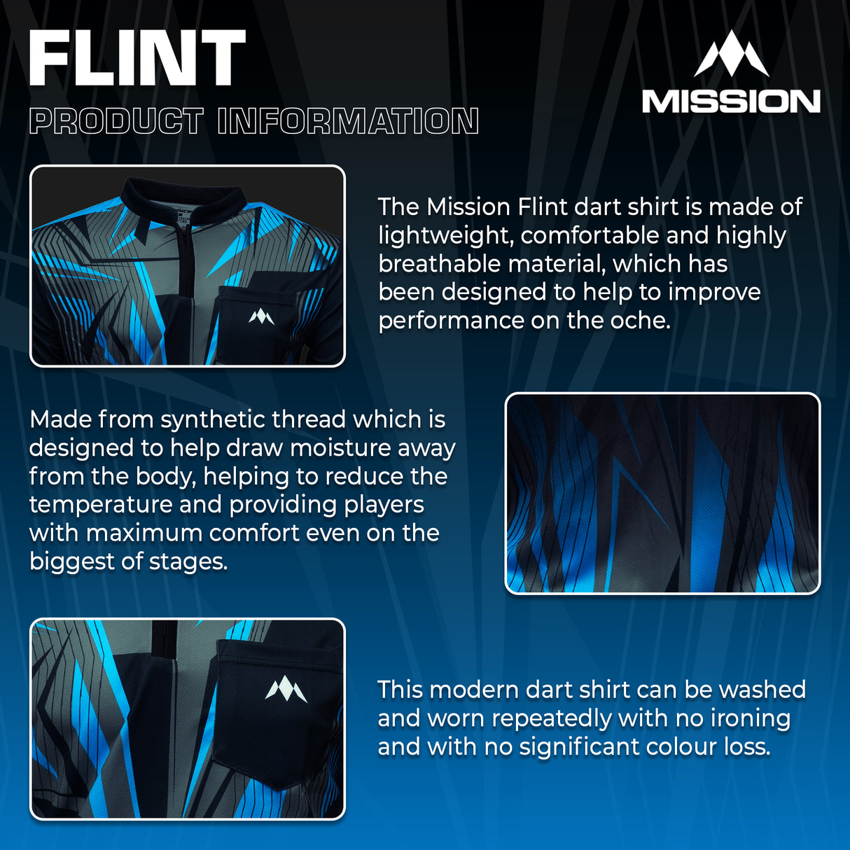 Mission Darts Flint Dart Shirt – Kragenlos – Leicht – Schwarz & Blau – Jugendliche