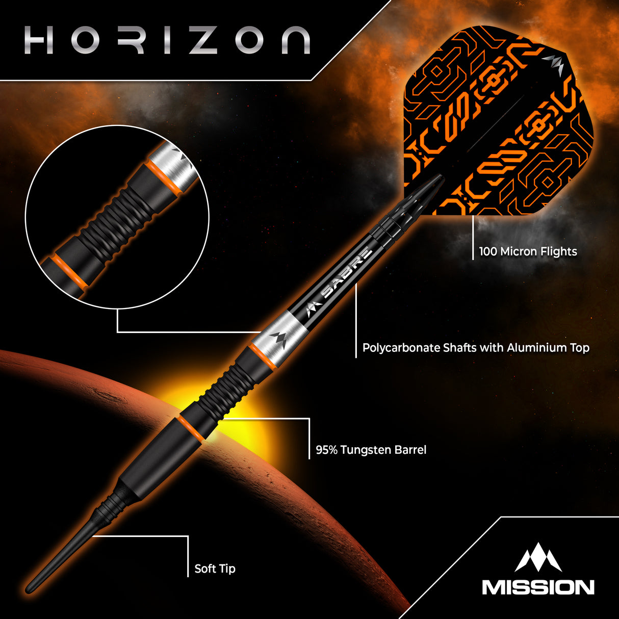Mission Horizon Darts - Welche Spitze - 95% Tungsten - Schwarz PVD & Orange - 18g