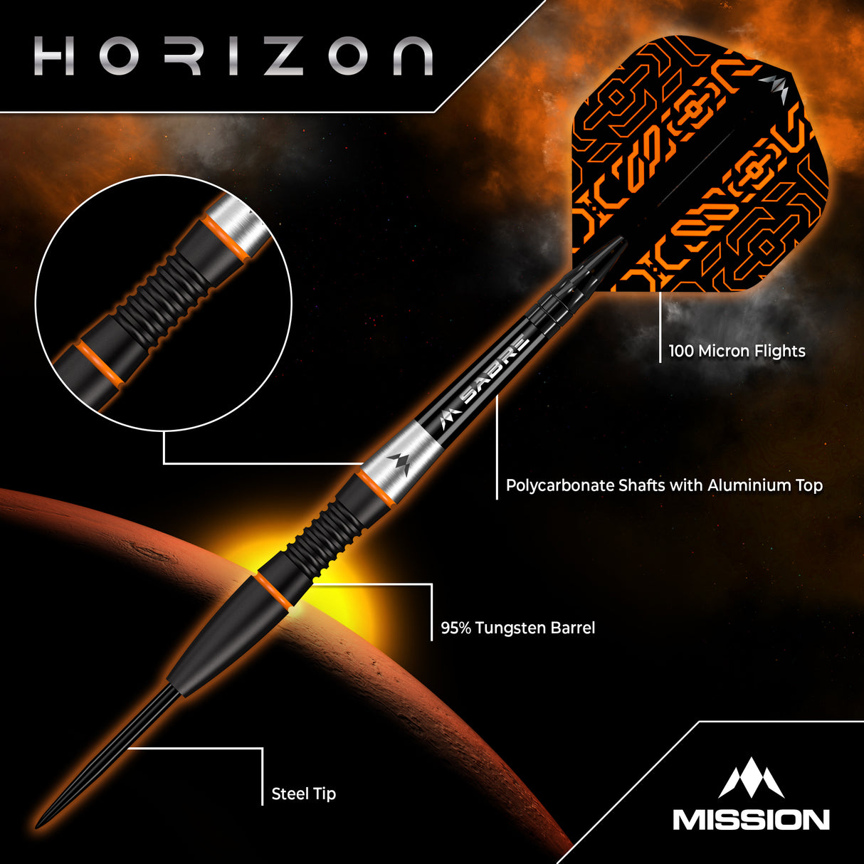 Mission Horizon Darts - Stahlspitze - 95% Tungsten - Schwarz PVD & Orange