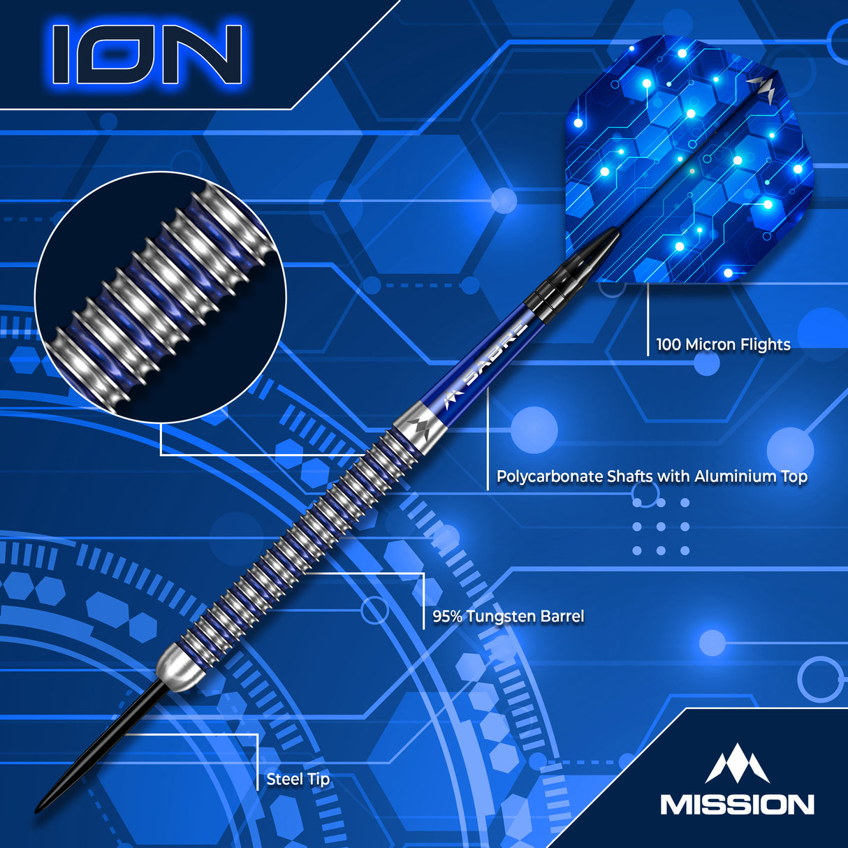 Mission ION Darts - Stahlspitze - 95% Tungsten - Blau & Silber