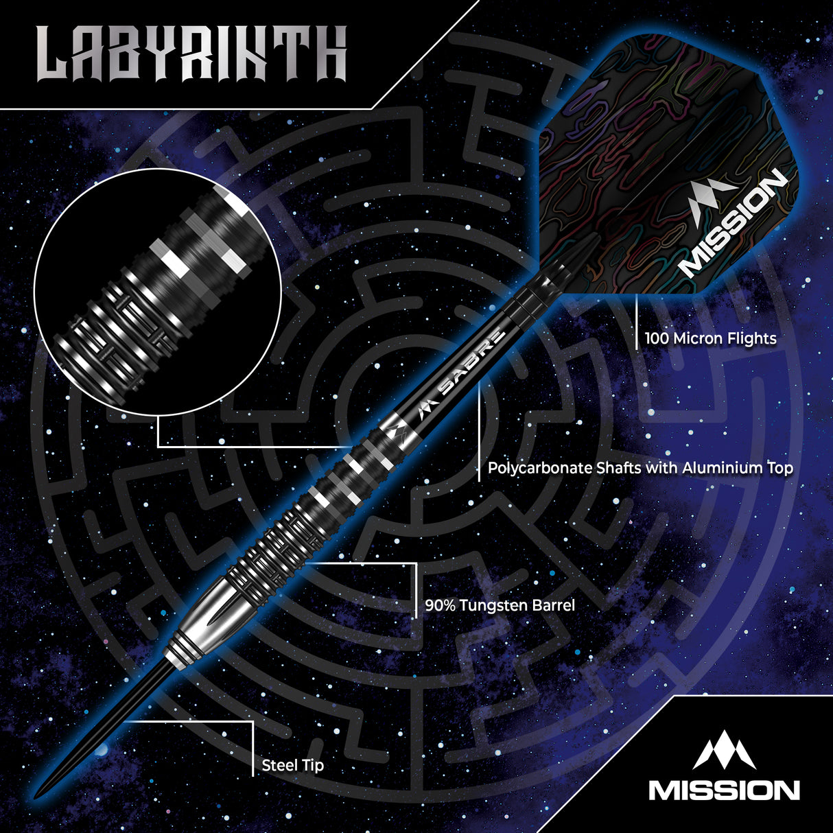 Mission Labyrinth Darts - Stahlspitze - 90% Tungsten - Schwarz PVD