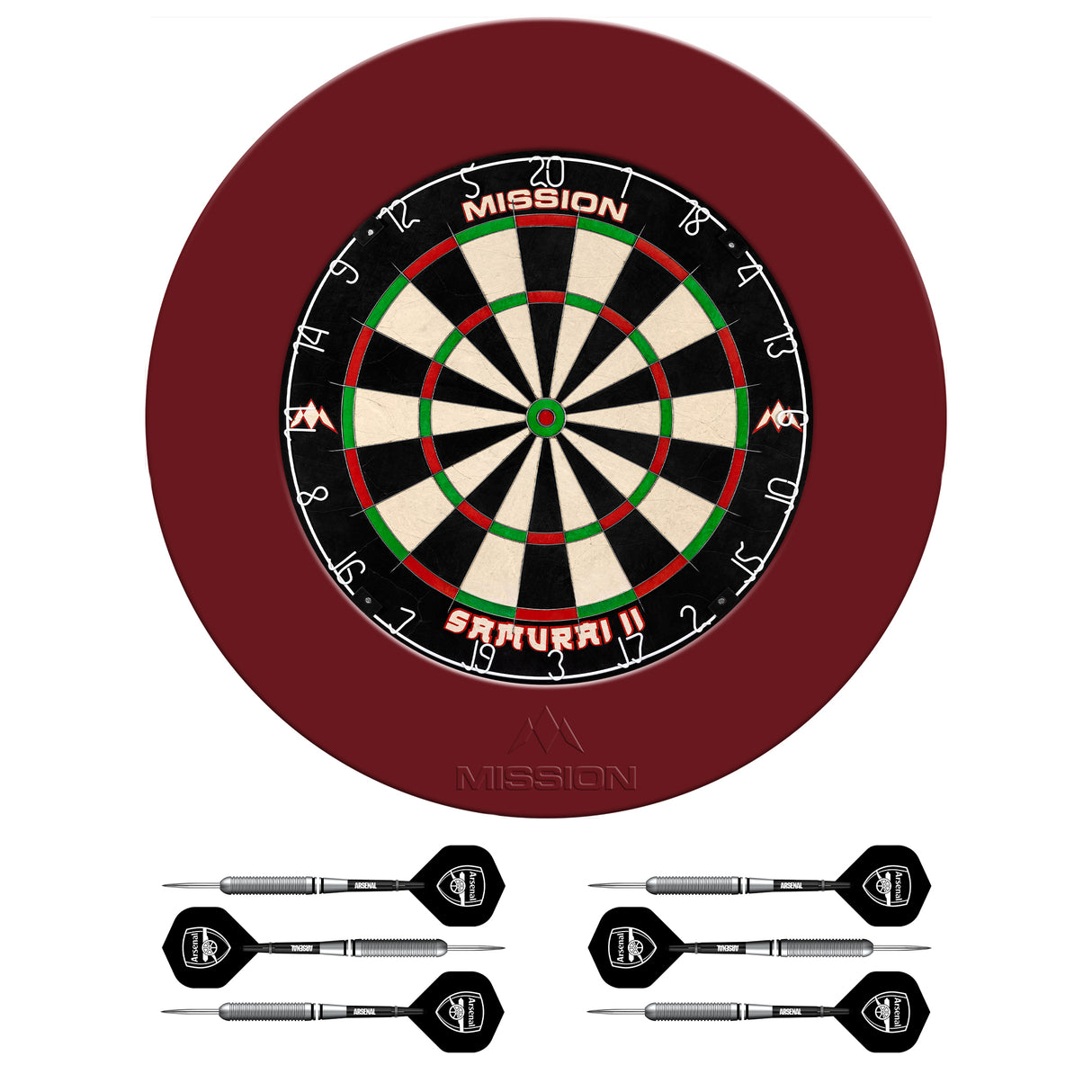 Mission Samurai II x Arsenal Dartboard-Set – Dartscheibe, Surround und 2 Sets Messingpfeile – Rot