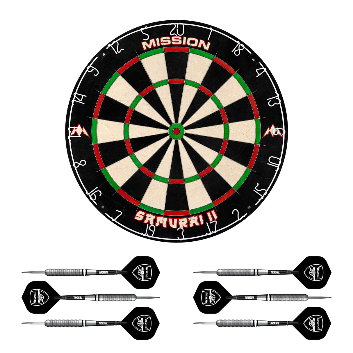 Mission Samurai II x Arsenal Dartboard-Set – Dartscheibe und 2 Sets Messingpfeile – Rot