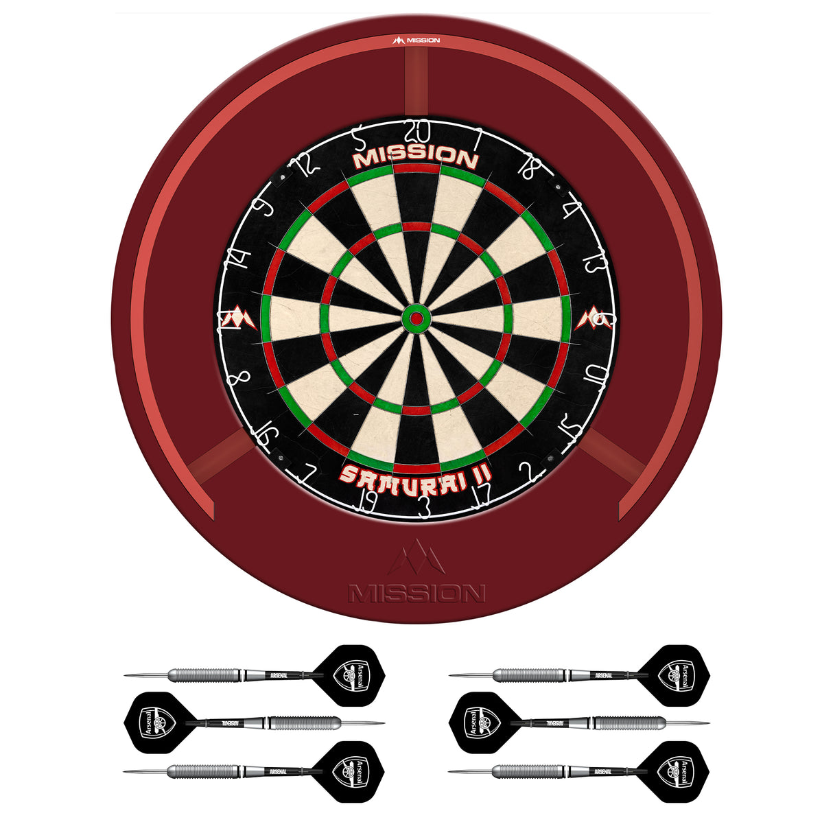 Mission Samurai II x Arsenal Dartboard-Set – Dartscheibe, Surround, Torus 270 Light und 2 Sets Messingpfeile – Rot