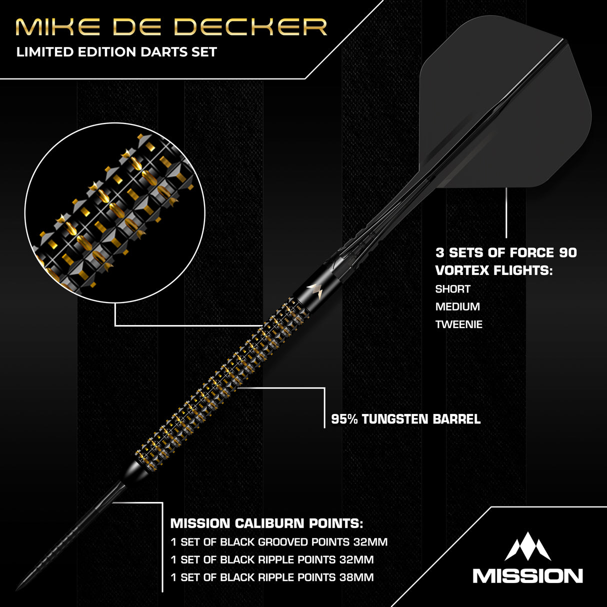 Mission Mike De Decker Darts - Stahlspitze - 95% Tungsten - Limitierte Auflage - World Grand Prix - 24g