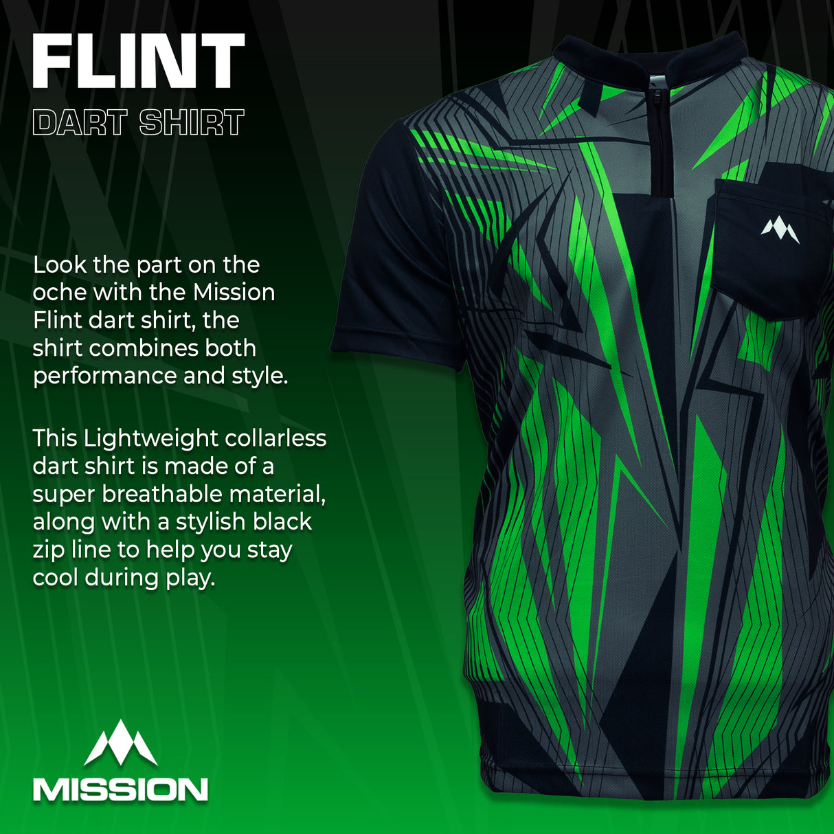 Mission Darts Flint Dart Shirt – Kragenlos – Leicht – Schwarz & Grün
