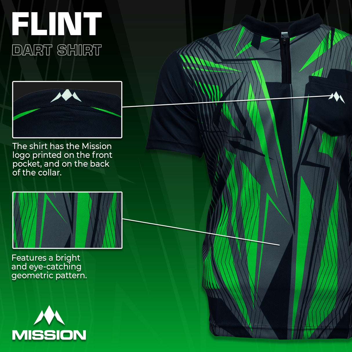 Mission Darts Flint Dart Shirt – Kragenlos – Leicht – Schwarz & Grün