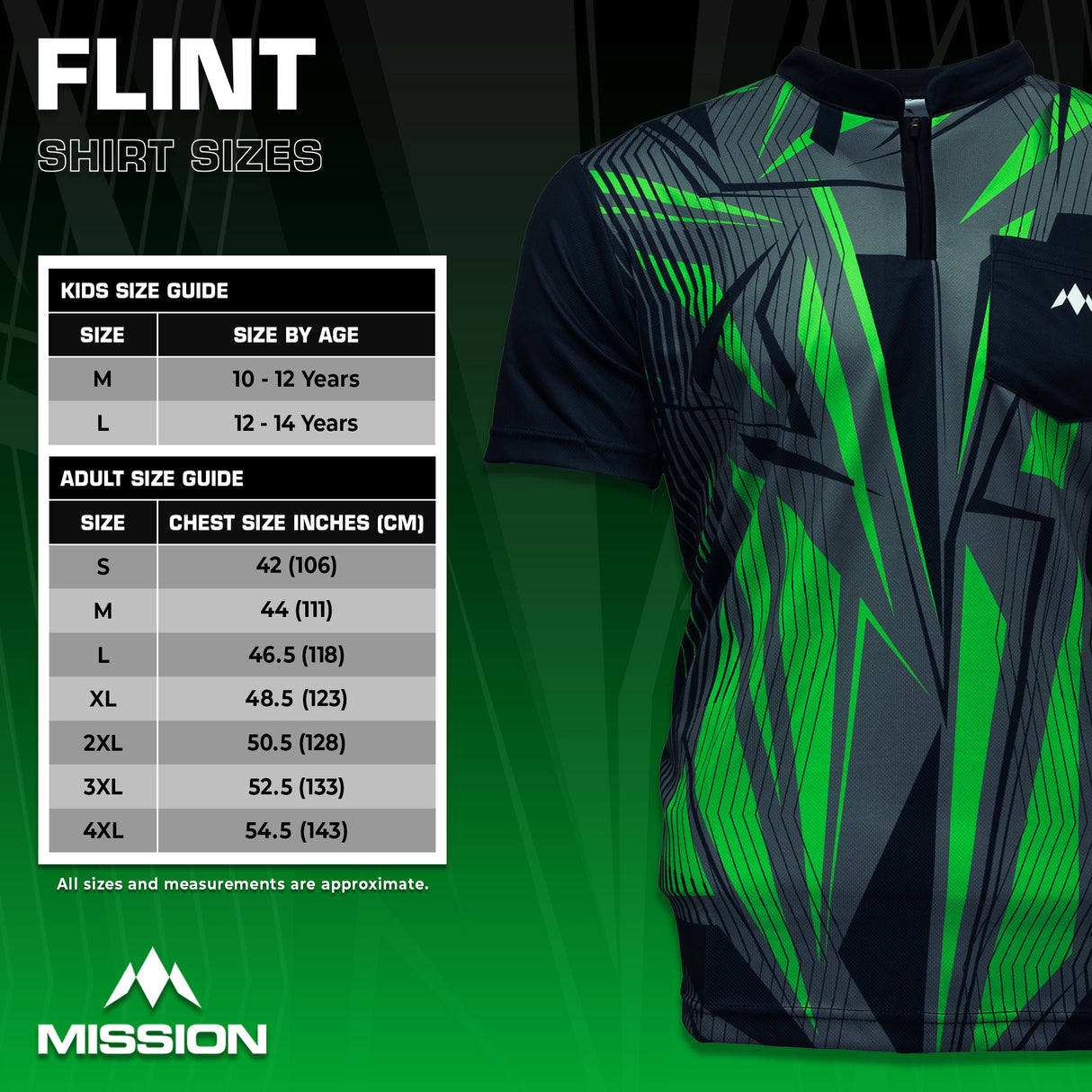 Mission Darts Flint Dart Shirt – Kragenlos – Leicht – Schwarz & Grün