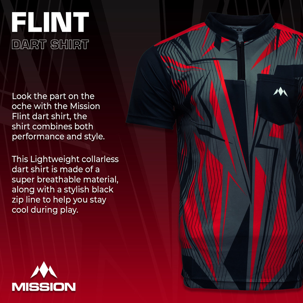 Mission Darts Flint Dart Shirt – Kragenlos – Leicht – Schwarz & Rot
