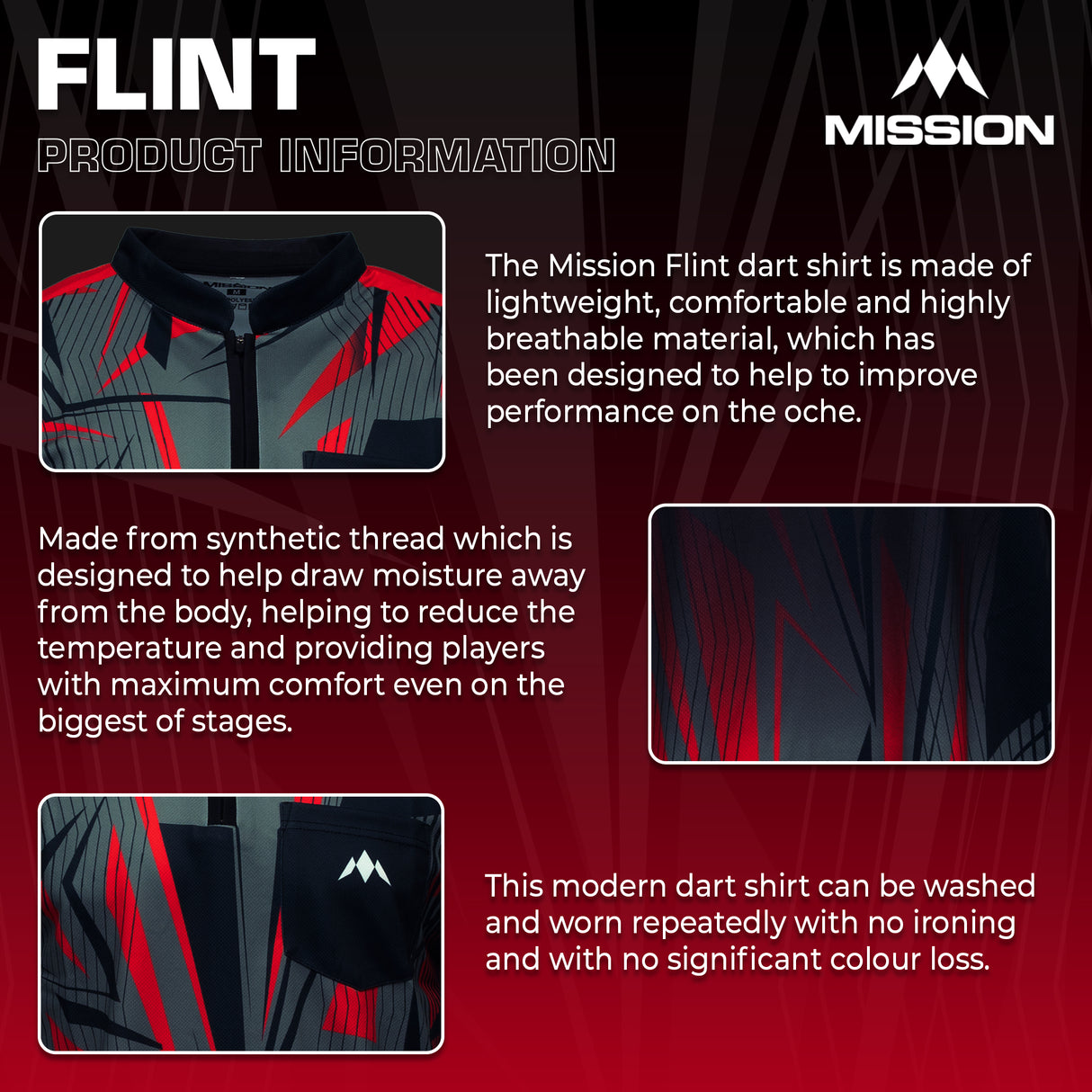 Mission Darts Flint Dart Shirt – Kragenlos – Leicht – Schwarz & Rot