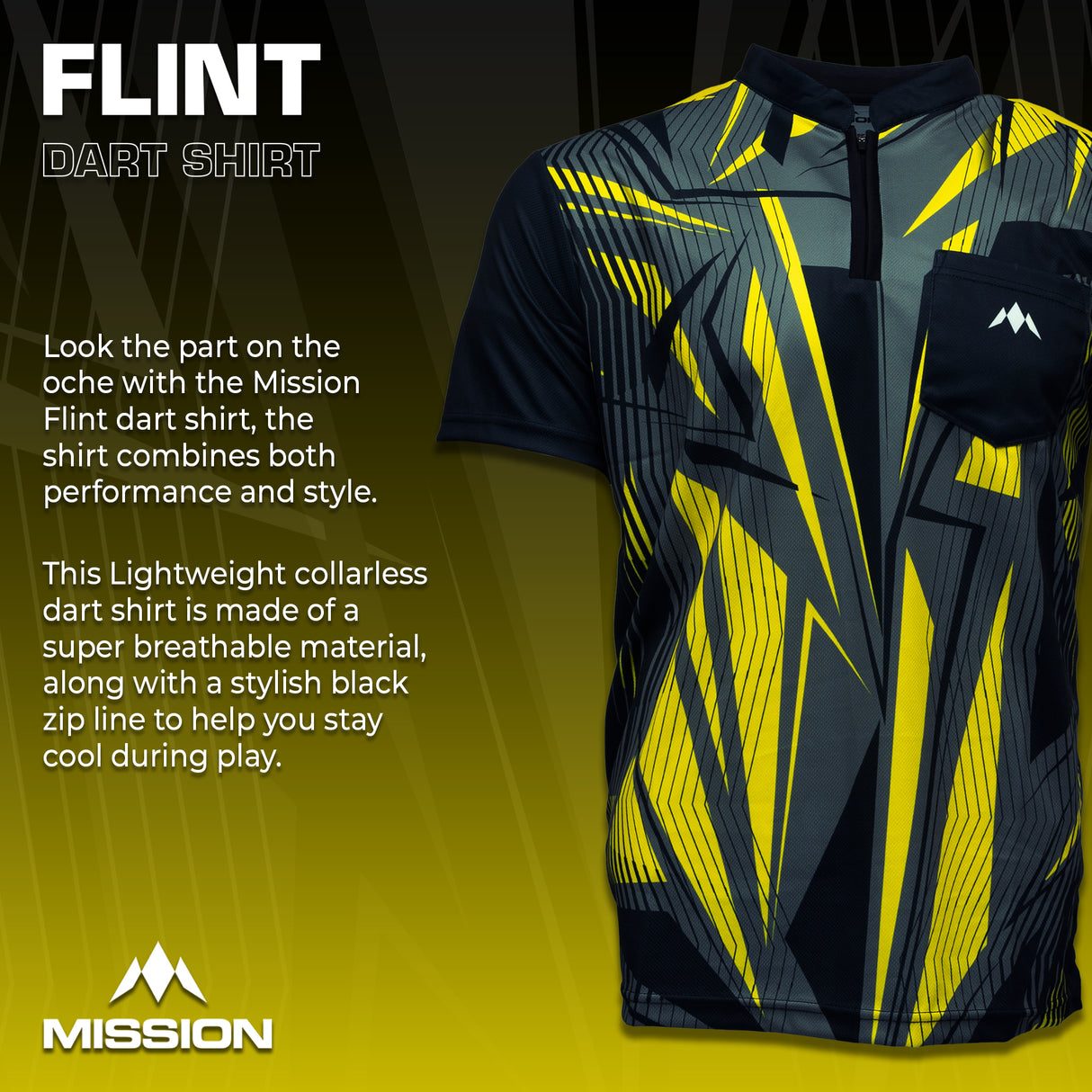 Mission Darts Flint Dart Shirt – Kragenlos – Leicht – Schwarz & Gelb – Jugendliche