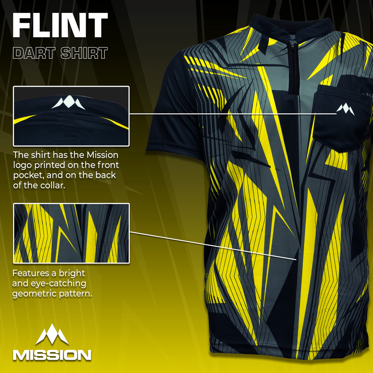 Mission Darts Flint Dart Shirt – Kragenlos – Leicht – Schwarz & Gelb – Jugendliche