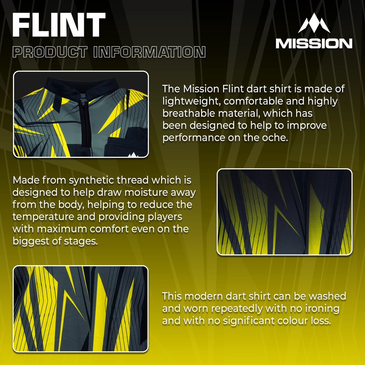 Mission Darts Flint Dart Shirt – Kragenlos – Leicht – Schwarz & Gelb – Jugendliche