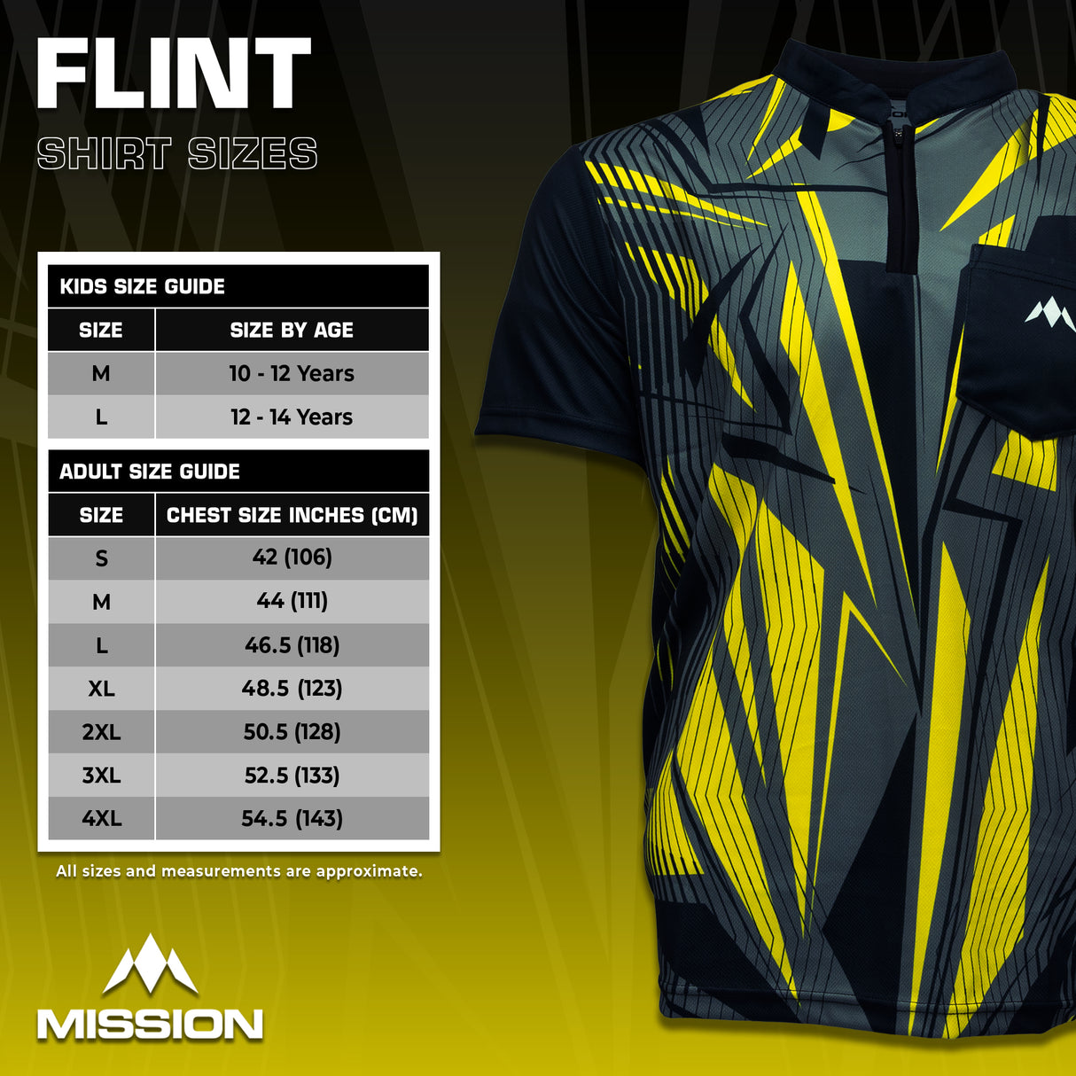 Mission Darts Flint Dart Shirt – Kragenlos – Leicht – Schwarz & Gelb – Jugendliche